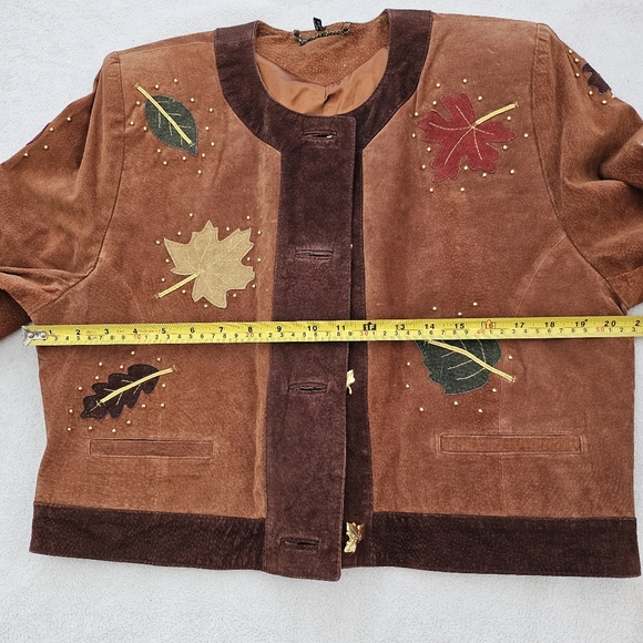 Vintage Suede Leather Short Blazer Jacket Maple Leaf Fall Autumn Embroidered - Picture 10 of 11